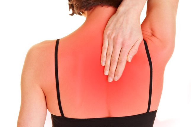 Avoid skin cancer, sunburnt back and shoulder